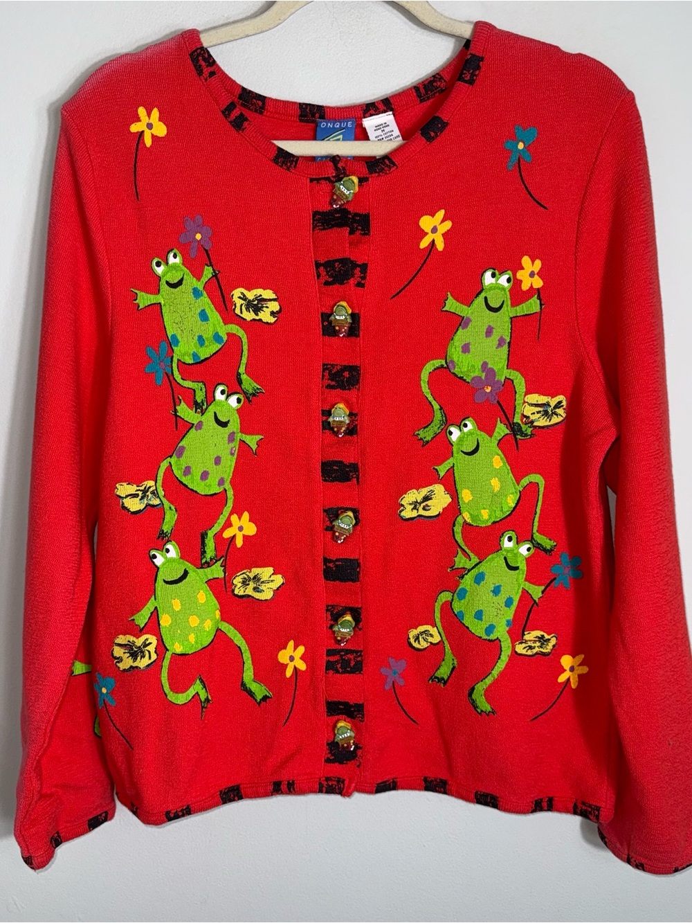 Onque Casuals Vintage Button Front Top-Painted Frogs-Orange-Medium